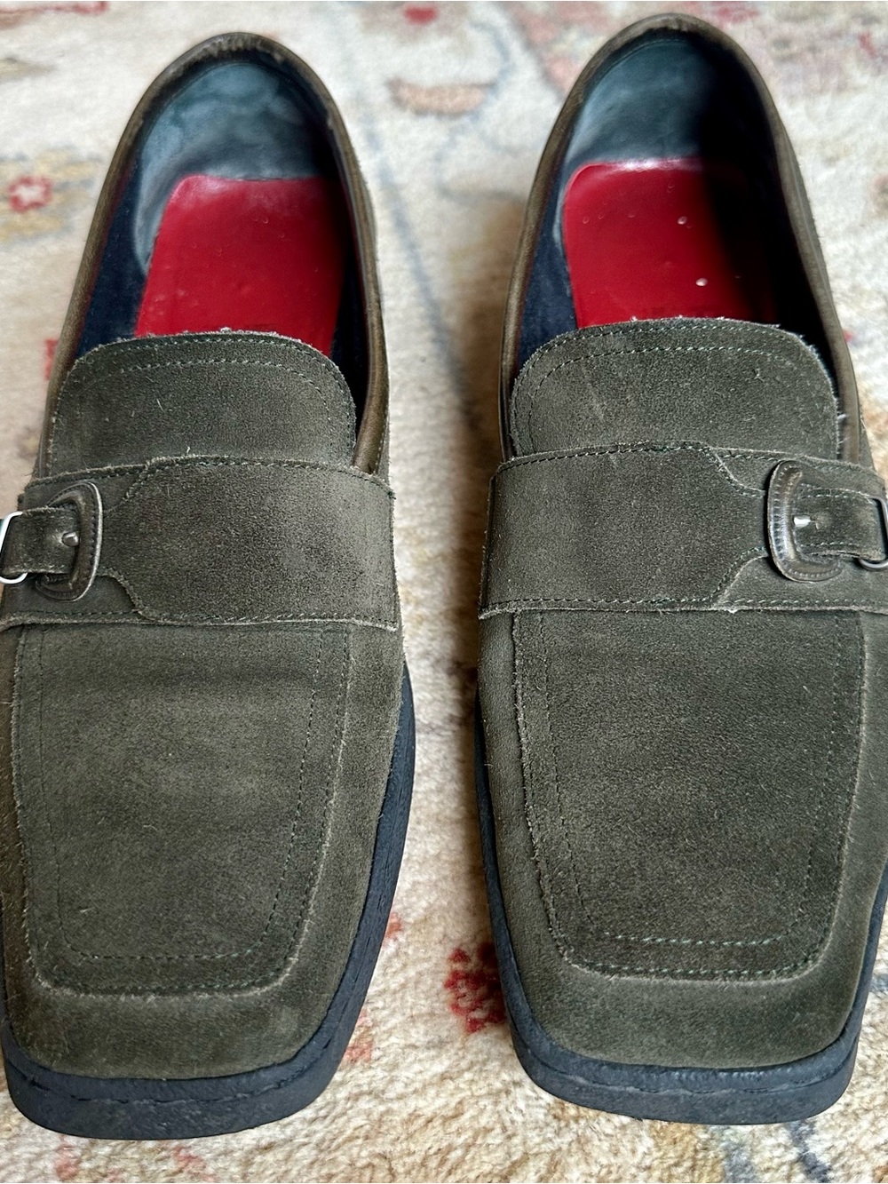 Salvatore Ferragamo Suede Monk-Strap Loafers Olive Green Vintage 8